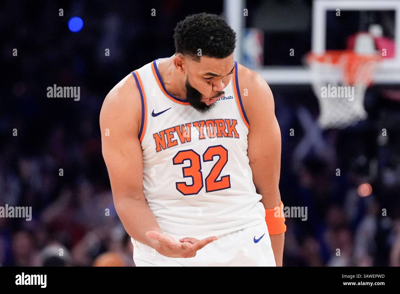 New York Knicks center Karl-Anthony Towns reacts during the second half ...