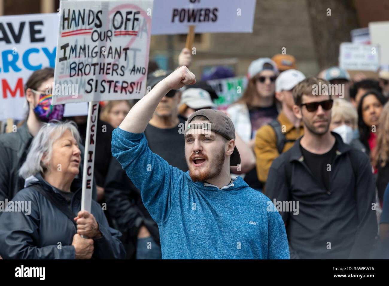 Seattle, Washington, USA. 19th April 2025. Protesters and supporters cheer during the 'We the People Means Everyone' rally and march at Seattle Central College in Seattle on Saturday, April 19, 2025. The demonstration in support of democracy, diversity and equity is part of a national day of action against actions of the Trump administration. Credit: Paul Christian Gordon/Alamy Live News Stock Photo