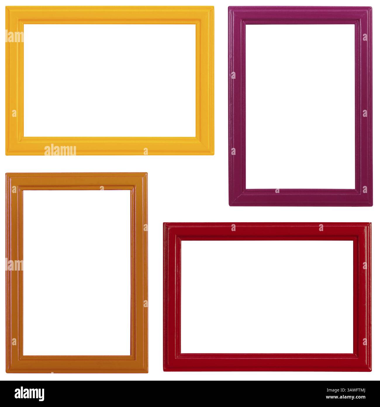 Four multicoloured wooden picture frames on white background Four multicoloured wooden picture frames on white background Stock Photo