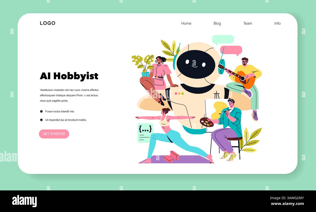 AI Hobbyist concept offers a dynamic portrayal of individuals engaging with technology. It highlights creativity, collaboration, and the joy of learning through artificial intelligence in various hobbies. Vector illustration. Stock Vector