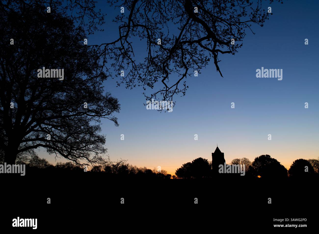 St Mary's Church at dawn in spring. Salford, Cotswolds, Oxfordshire, England. Stock Photo