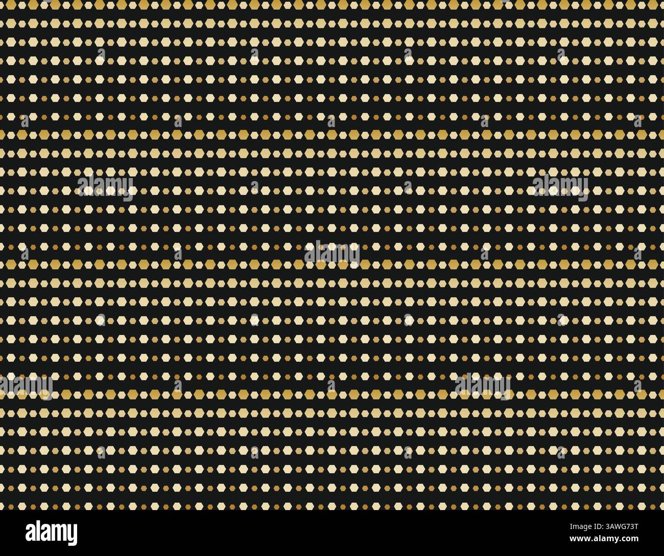 Gold dotted hexagons seamless pattern on black background. Hexagon dotted halftone gradient texture pattern. Repeating gold dots gradation pattern. Bl Stock Vector