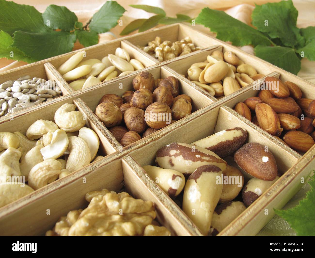 Nuts in a wooden box Stock Photo