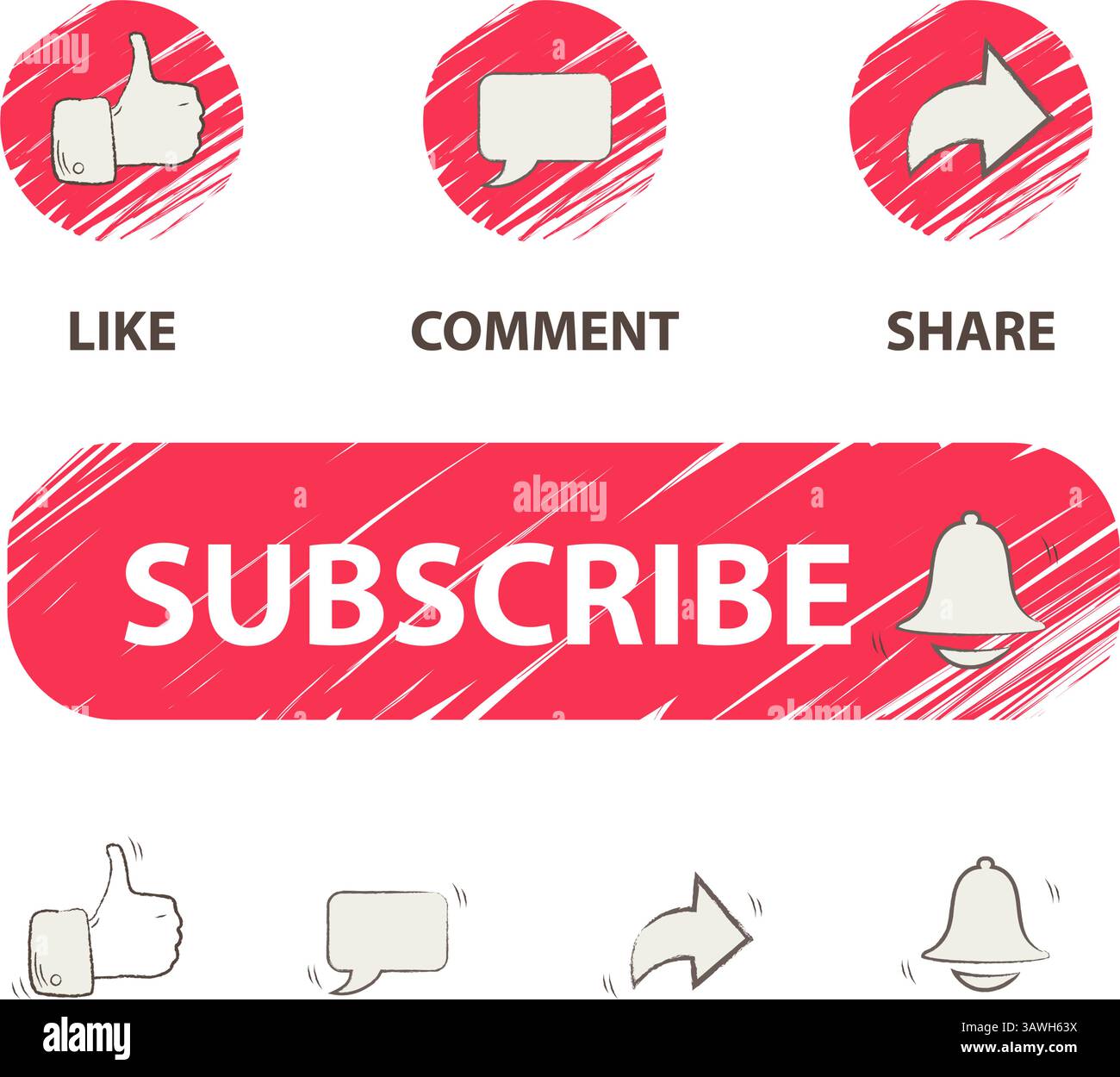 Hand-drawn set of social media interaction icons including thumbs up ...