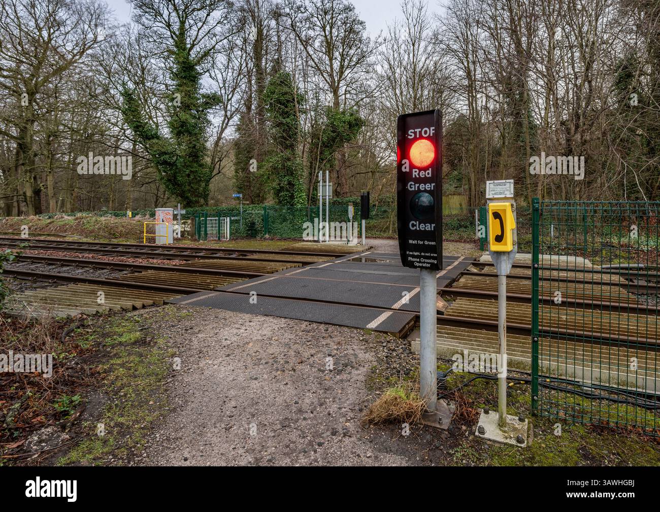 Pedestrian railway level crossing controlled by lights in rural environment in Northumberland, England, UK Stock Photo