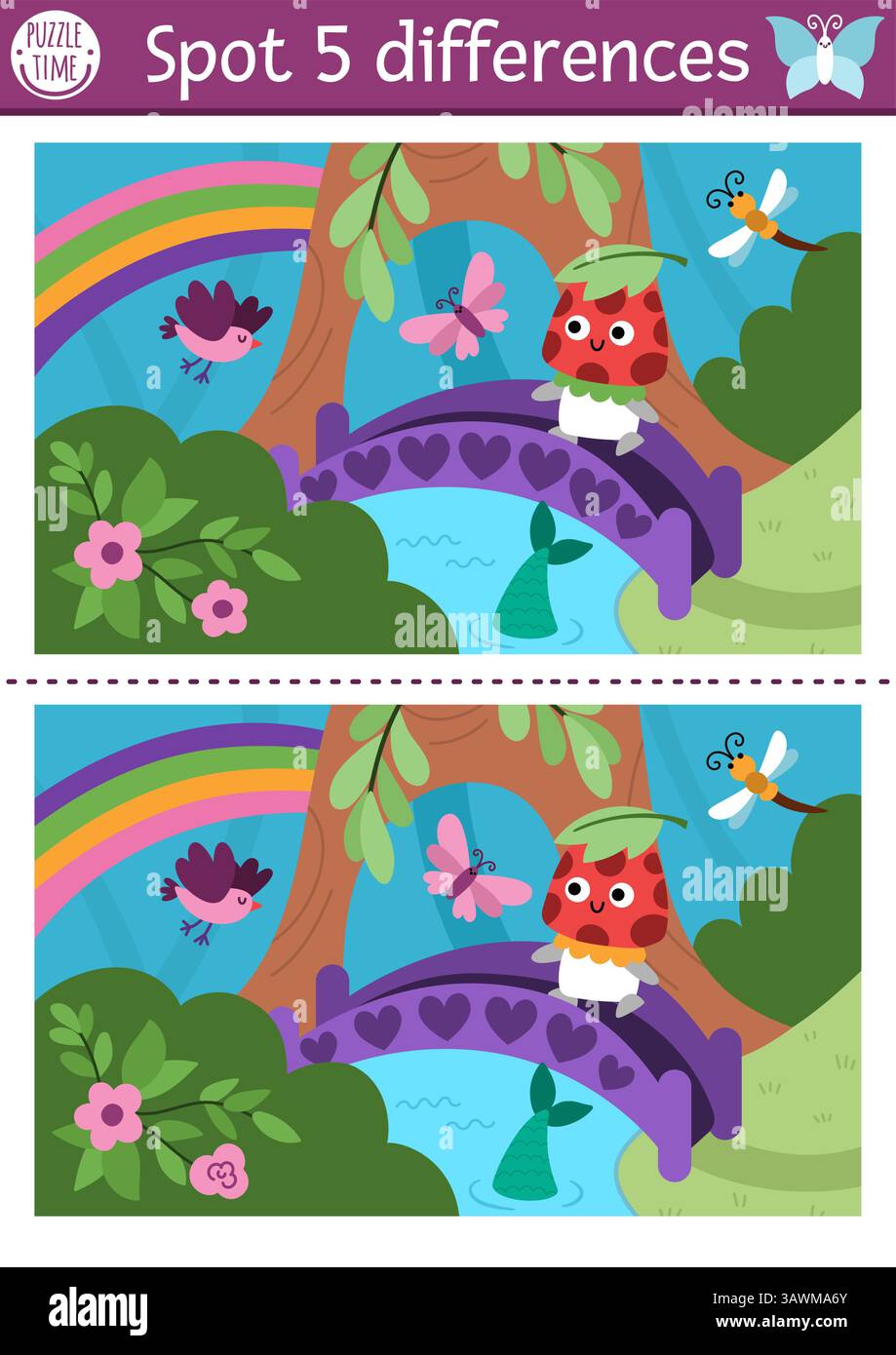 Find differences game for children. Fairyland educational activity with ...