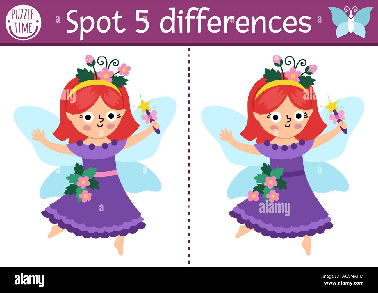 Find differences game for children. Fairyland educational activity with ...