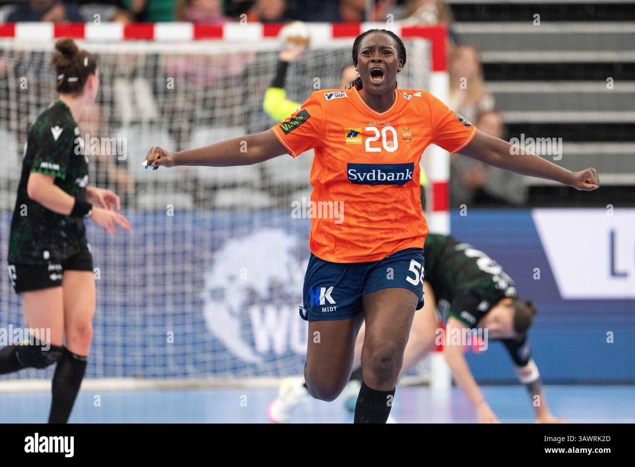 Handball Ril Lysa Tchaptchet Defo, Odense Handball celebrates during the EHF ...