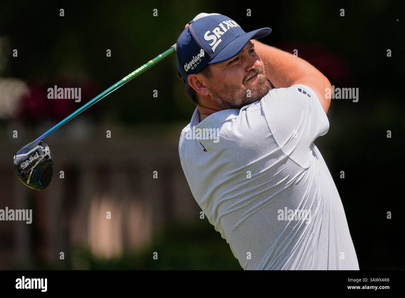 Andrew Novak watches his drive on the third hole during the final round ...