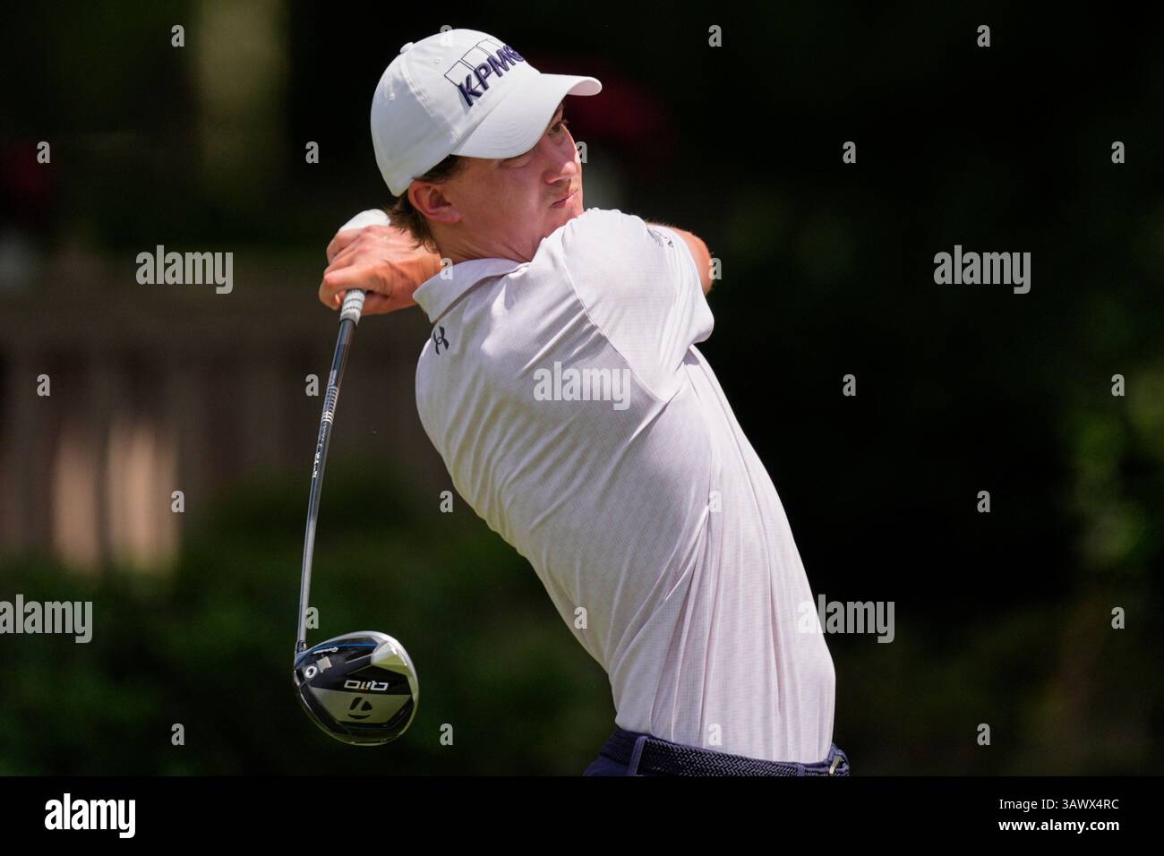 Maverick McNealy watches his drive on the third hole during the final ...