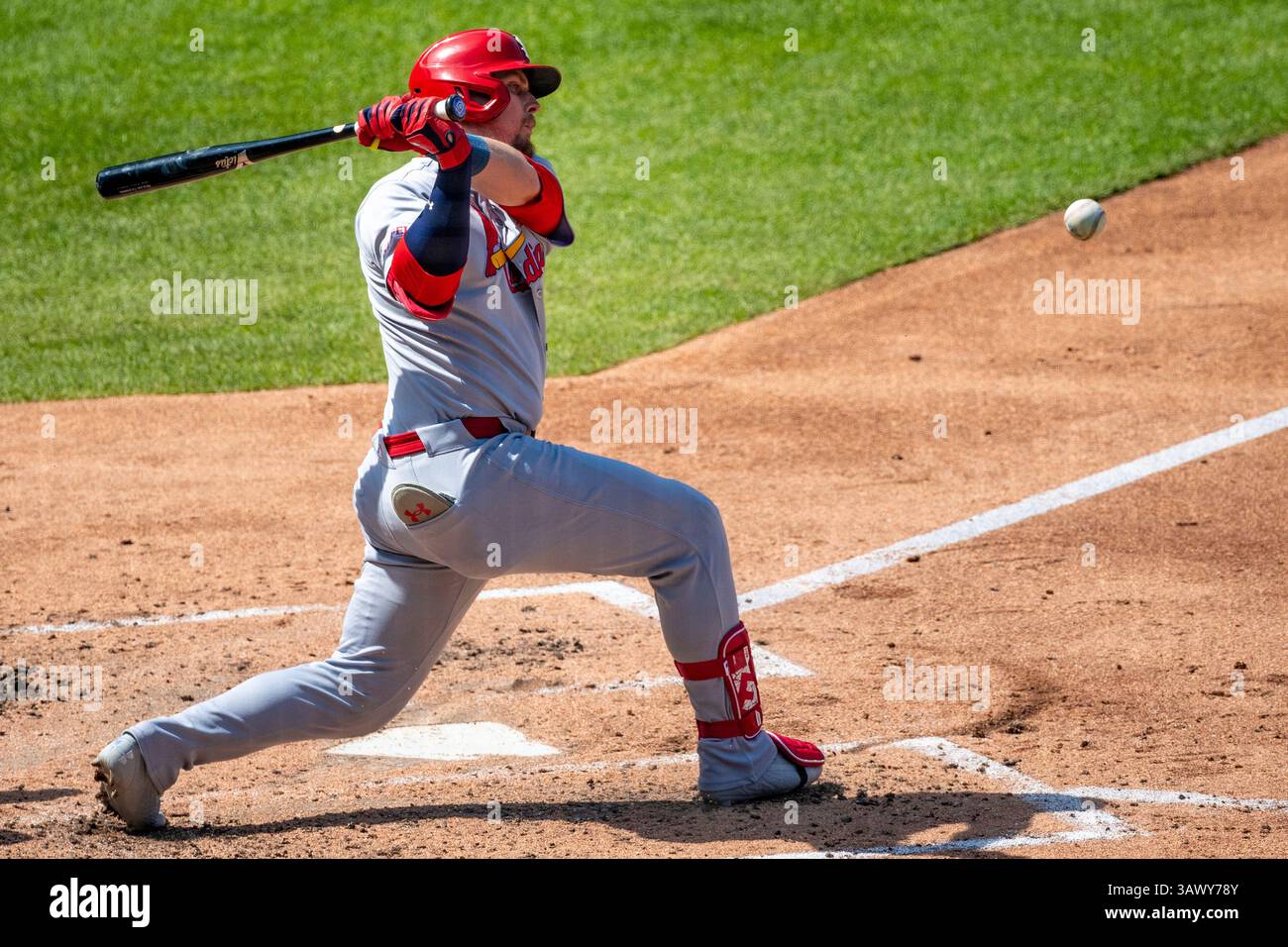 St. Louis Cardinals' Nolan Gorman (16) hits the ball and flies out to ...