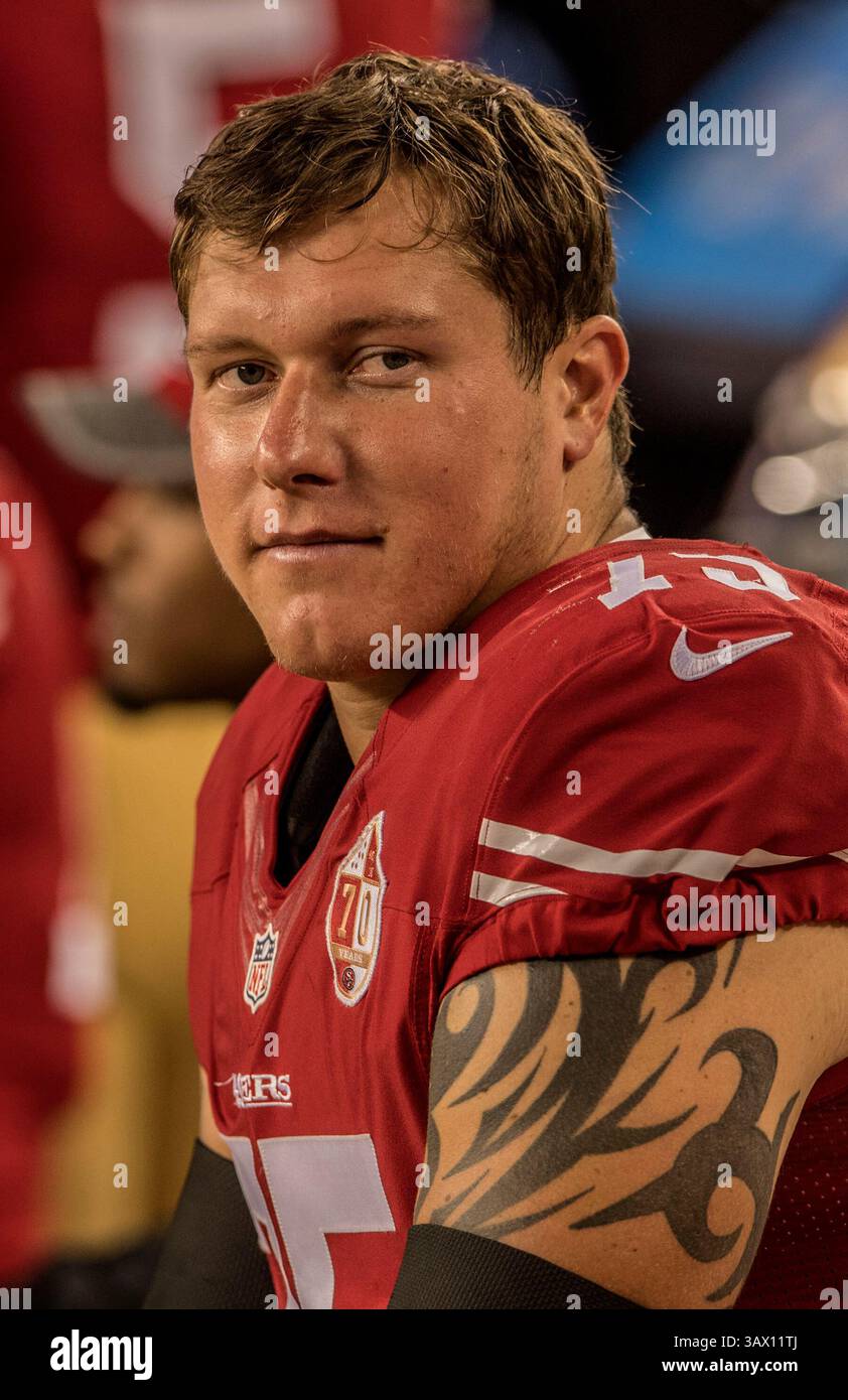 August 26, 2016: San Francisco 49ers offensive tackle Colin Kelly (75) on Friday, August 26, 2016, at Levis Stadium in Santa Clara, California. The Packers defeated the 49ers 20-10 in a preseason game. Al Golub/CSM(Credit Image: &copy; Al Golub/Cal Sport Media via ZUMA Wire) Stock Photo