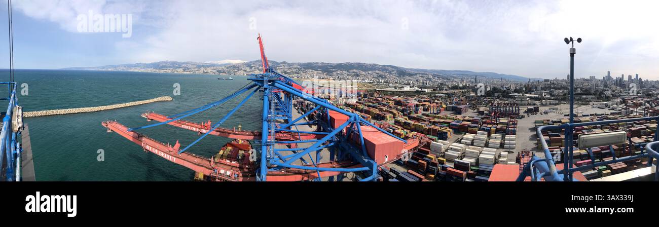Panoramic view of Beirut Port with container cranes and city skyline, Lebanon - Smartphone Captured Stock Image