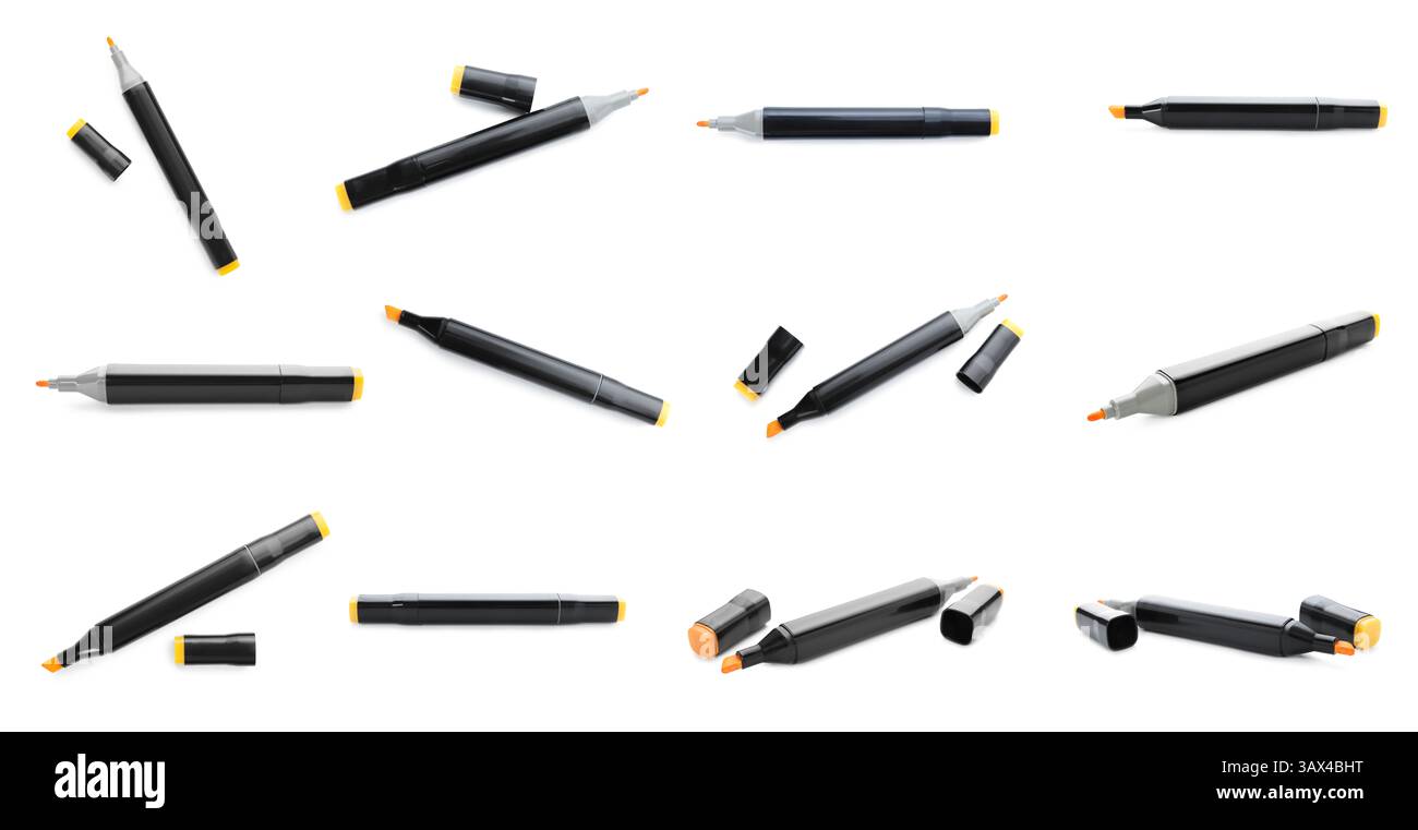 Bright double sided marker on white background, collage. Views from different sides Stock Photo