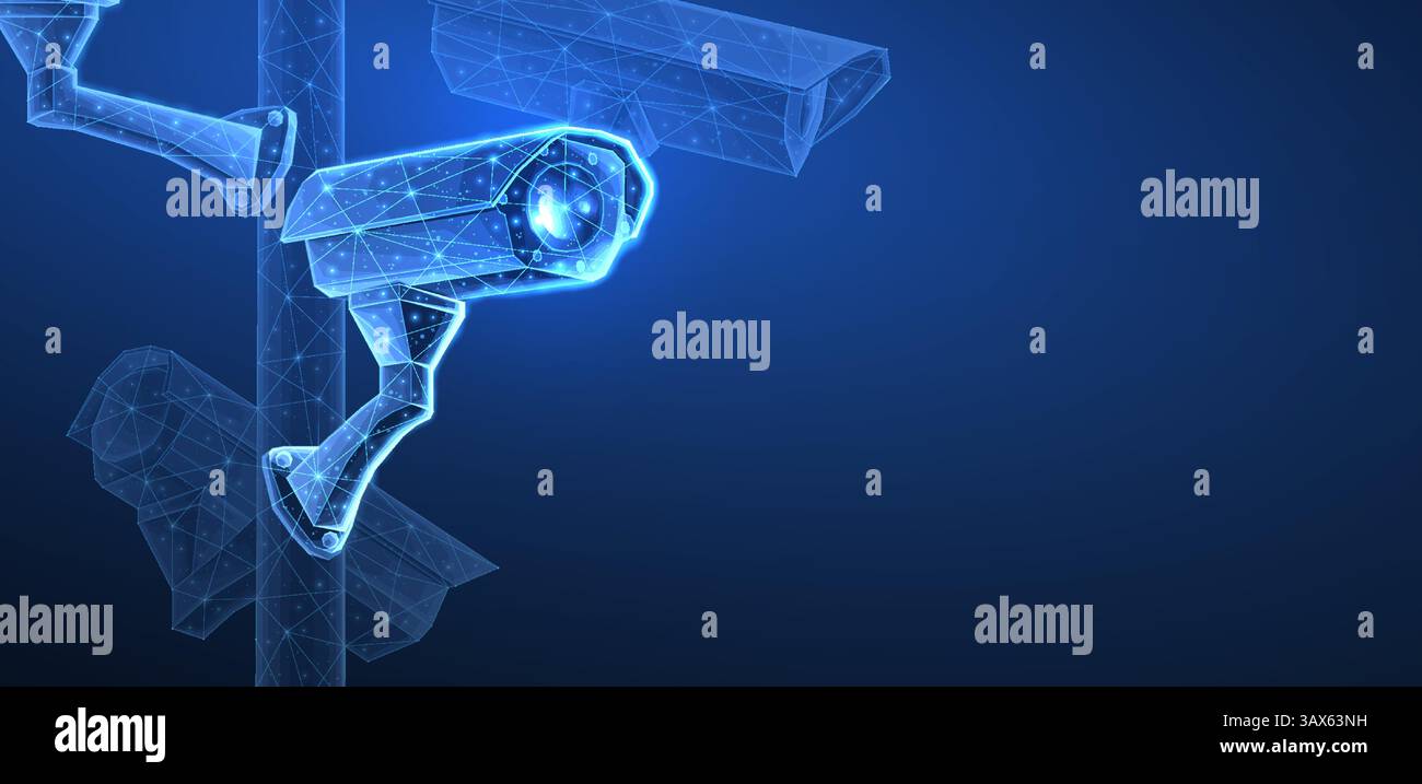 Security cameras. Vector low pole illustration. Isolated on blue. Security system Stock Vector