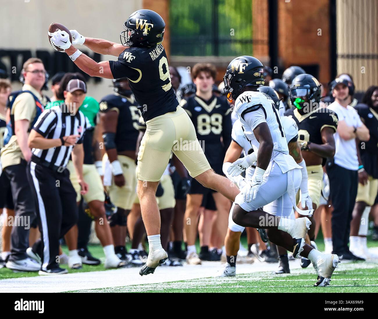 April 19, 2025: Wake Forest senior Sawyer Racanelli (9) goes up for ...