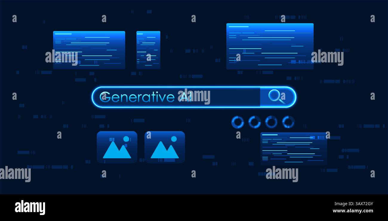 Generative AI technology with magnifying glasses reflects AI's ability to create content in various forms, whether it be text, images, audio or code. Stock Vector