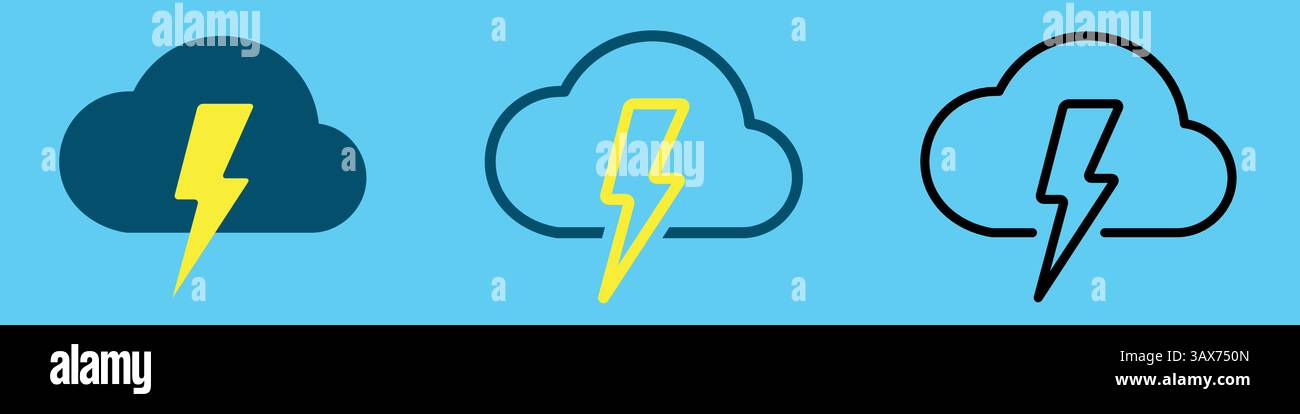 Thundercloud icon set. Solid and line colored pictograms. Flat vector illustration isolated on white background. Stock Vector