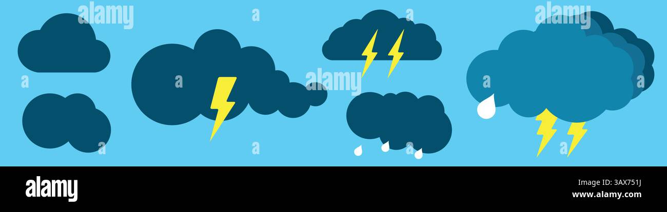 Thundercloud icon set. Flat vector illustration isolated on white background. Stock Vector