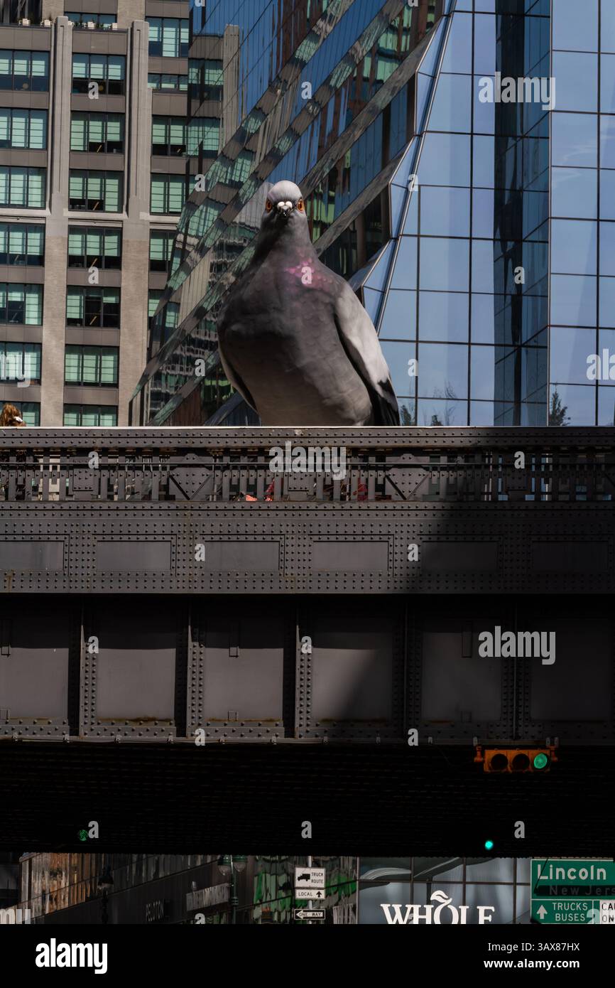 'Dinosaur' sculpture by Iván Argote on display at the Spur in NYC's High Line, Spring 2025. Stock Photo