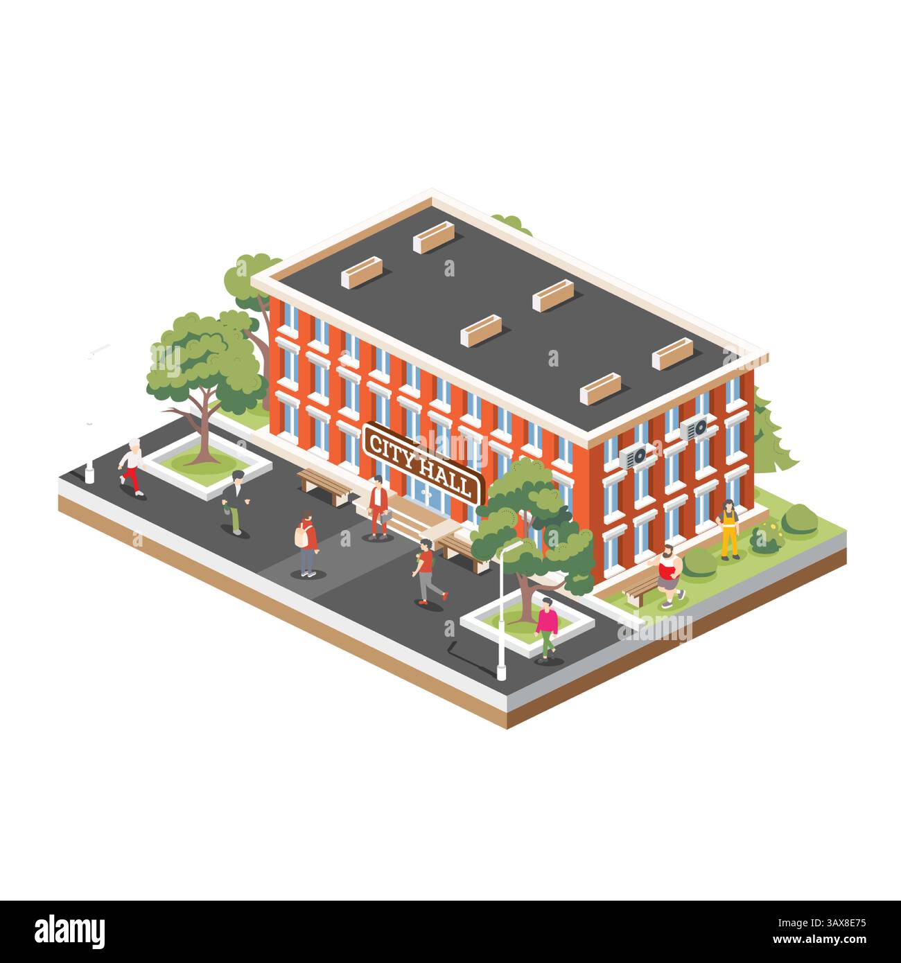 Isometric illustration of a city hall or town hall building with a red brick facade and flat roof. Building isolated on white background. Stock Vector