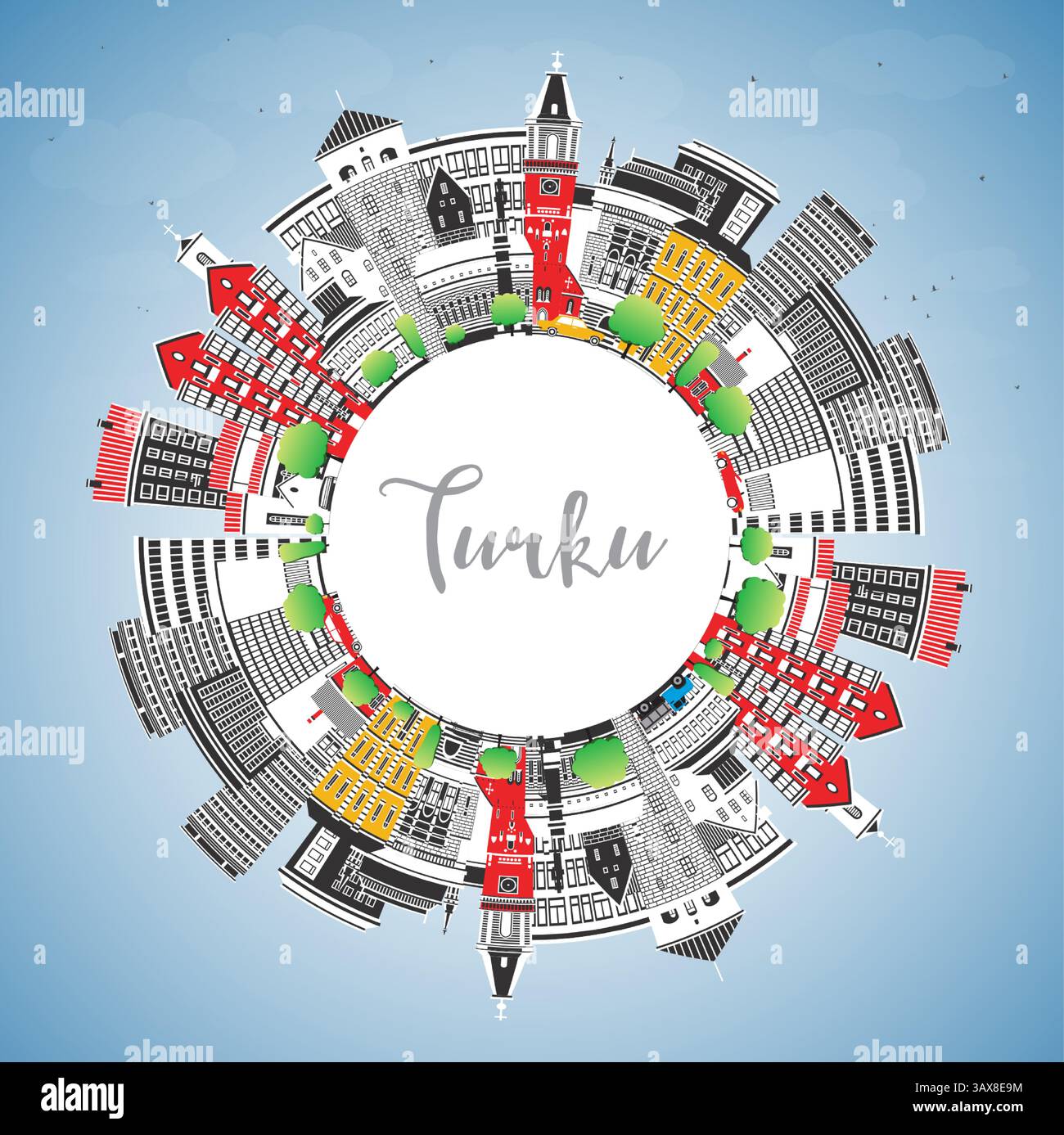 Turkku Turku Finland city skyline with color buildings, blue sky and copy ...