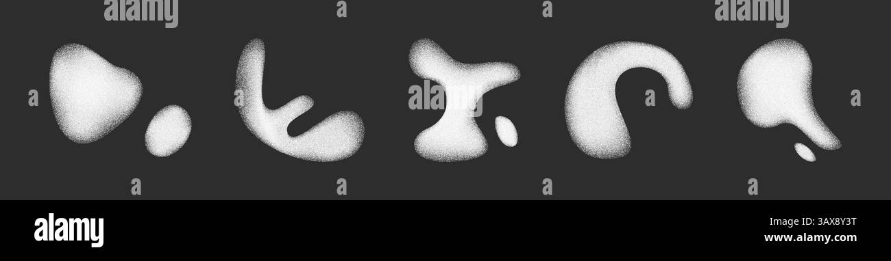 Abstract organic shapes with grainy texture in y2k style set - white ink blots, splatters blobs on black background. Grungy noisy stains grunge design elements. Irregular liquid forms splashes. Stock Vector