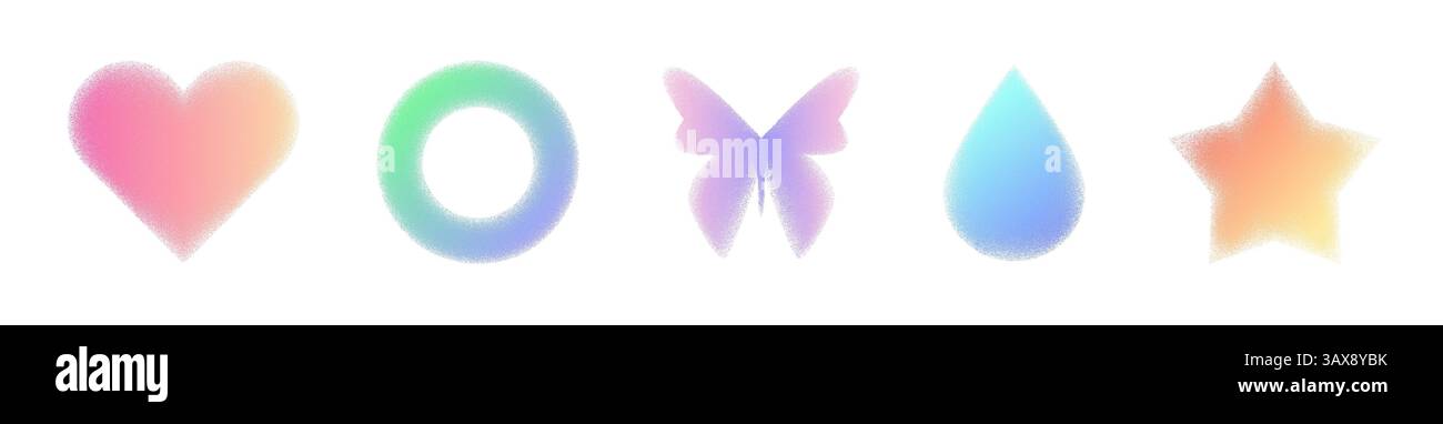Pastel gradient noise shapes collection in y2k aesthetic - heart and circle, butterfly and star, teardrop colorful blurred symbol set with grainy texture edges. Minimalist graphic design elements. Stock Vector