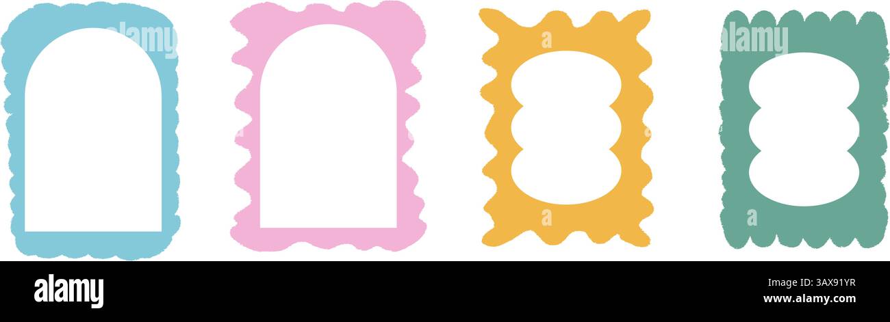 Scallop text boxes irregular frames hand drawn. Wavy groovy rectangle borders by crayon isolated on white background. Wobbly y2k decorative callouts e Stock Vector