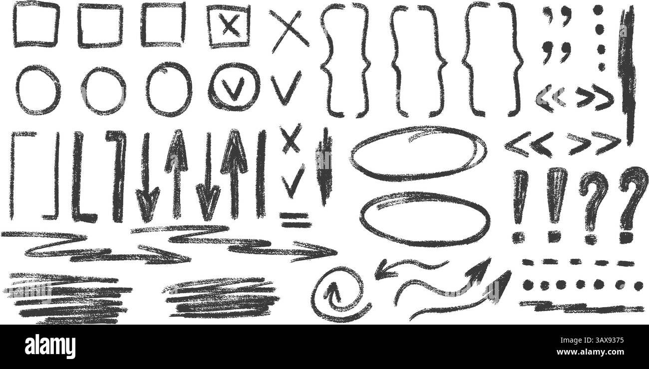 Check marks, arrow doodle set. Pencil drawn underlines, quotation marks ...