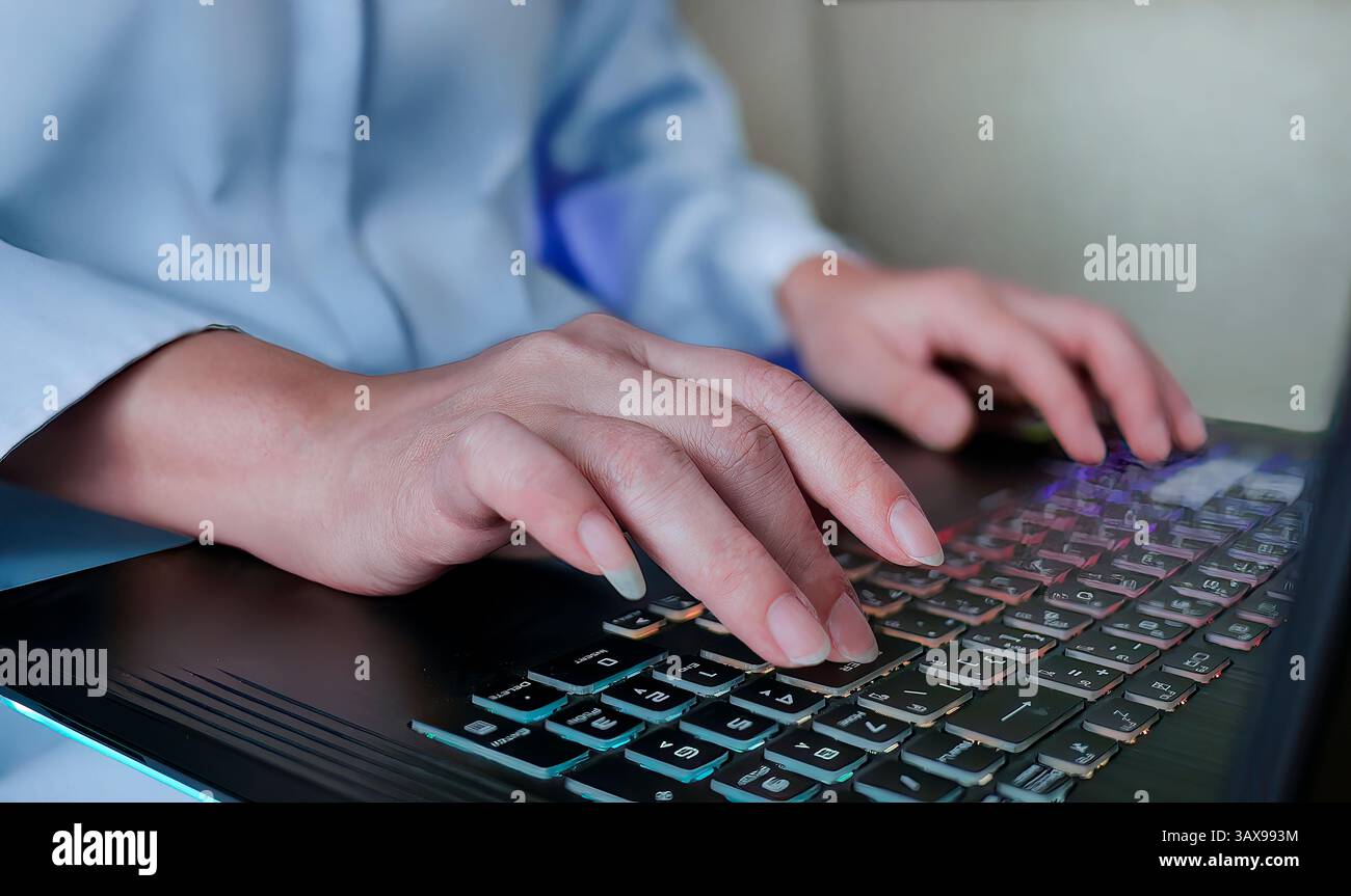 Close up Female hands using laptop computer, typing on keyboard while sitting on sofa, programmer, solopreneur, remote work, work from home, freelance Stock Photo