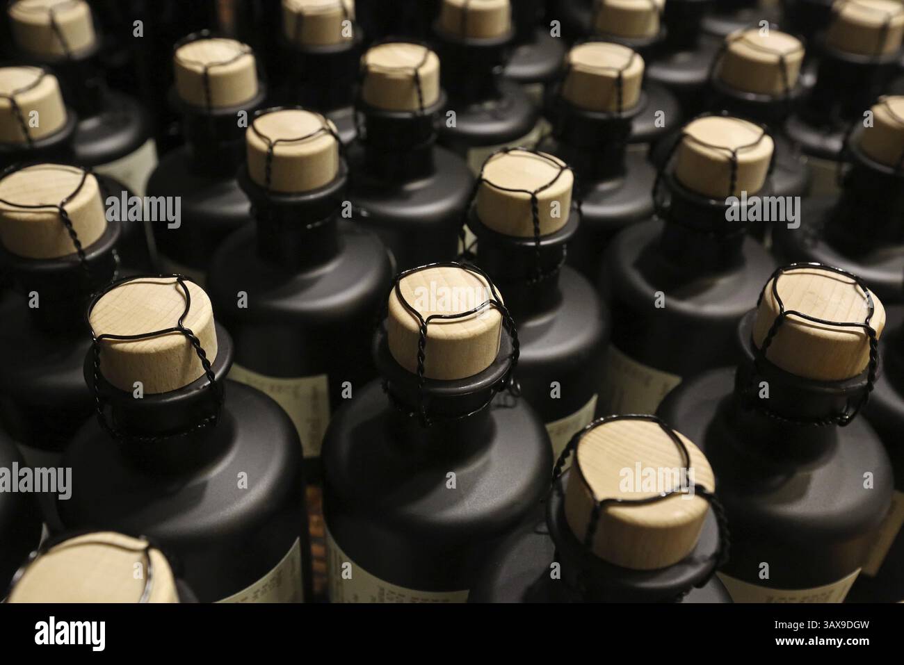 Small bottles, sealed with corks and wire Stock Photo