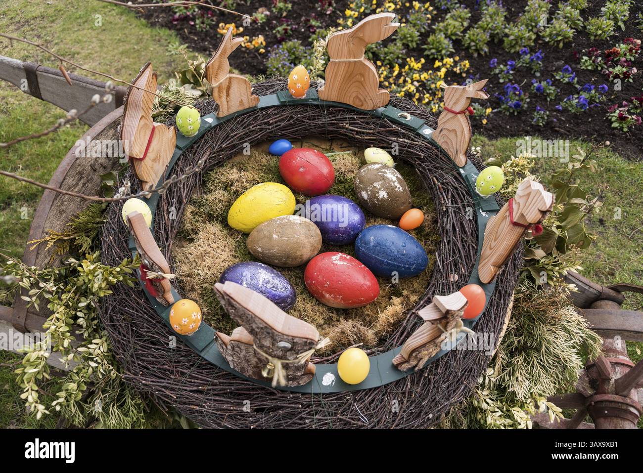 Easter nest with Easter bunny and Easter eggs for Easter - Easter symbol Stock Photo