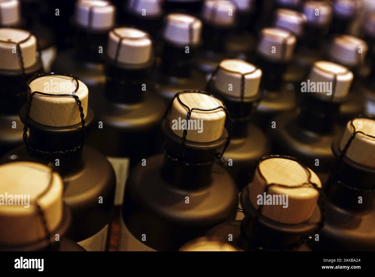 Small bottles, sealed with corks and wire Stock Photo