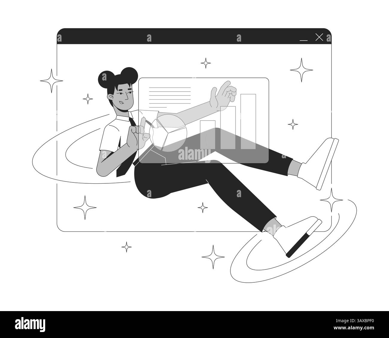 Interactive data analysis in virtual workspace line illustration concept Stock Vector