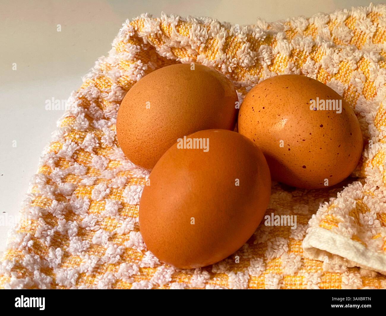 Three eggs on a dishcloth. - Smartphone Captured Stock Image