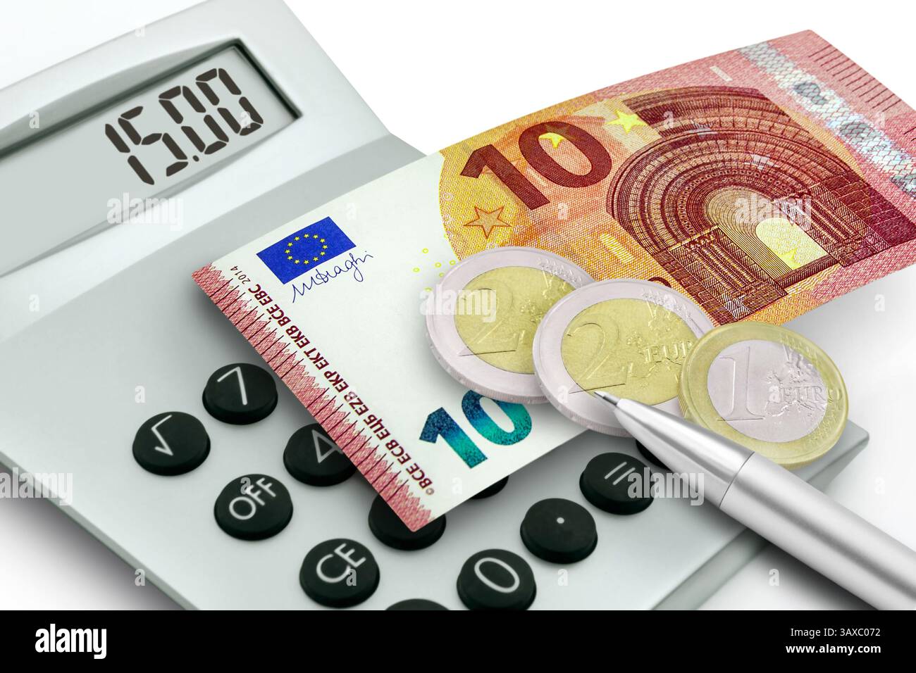 15,00 Euro mit Rechner und Kugelschreiber Stock Photo