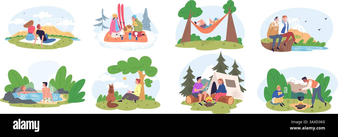 People camp resting. Family picnic on nature, couple friends adventure holidays camping summer forest mountain hiking, outdoor relaxing travel trekking classy vector illustration original artwork Stock Vector