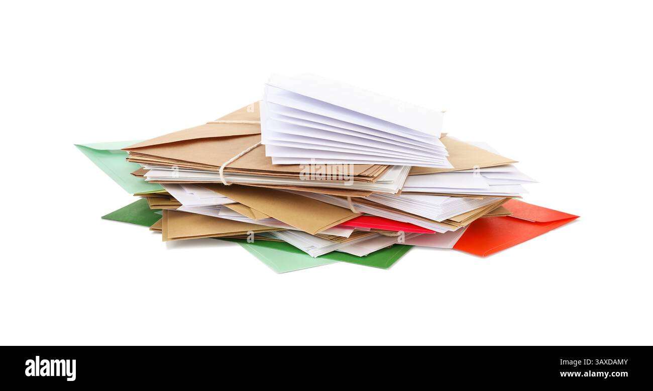 Stack of different paper envelopes on white background. Post office Stock Photo