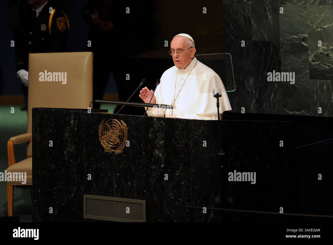 Pope Francis addresses the United Nations General Assembly at the