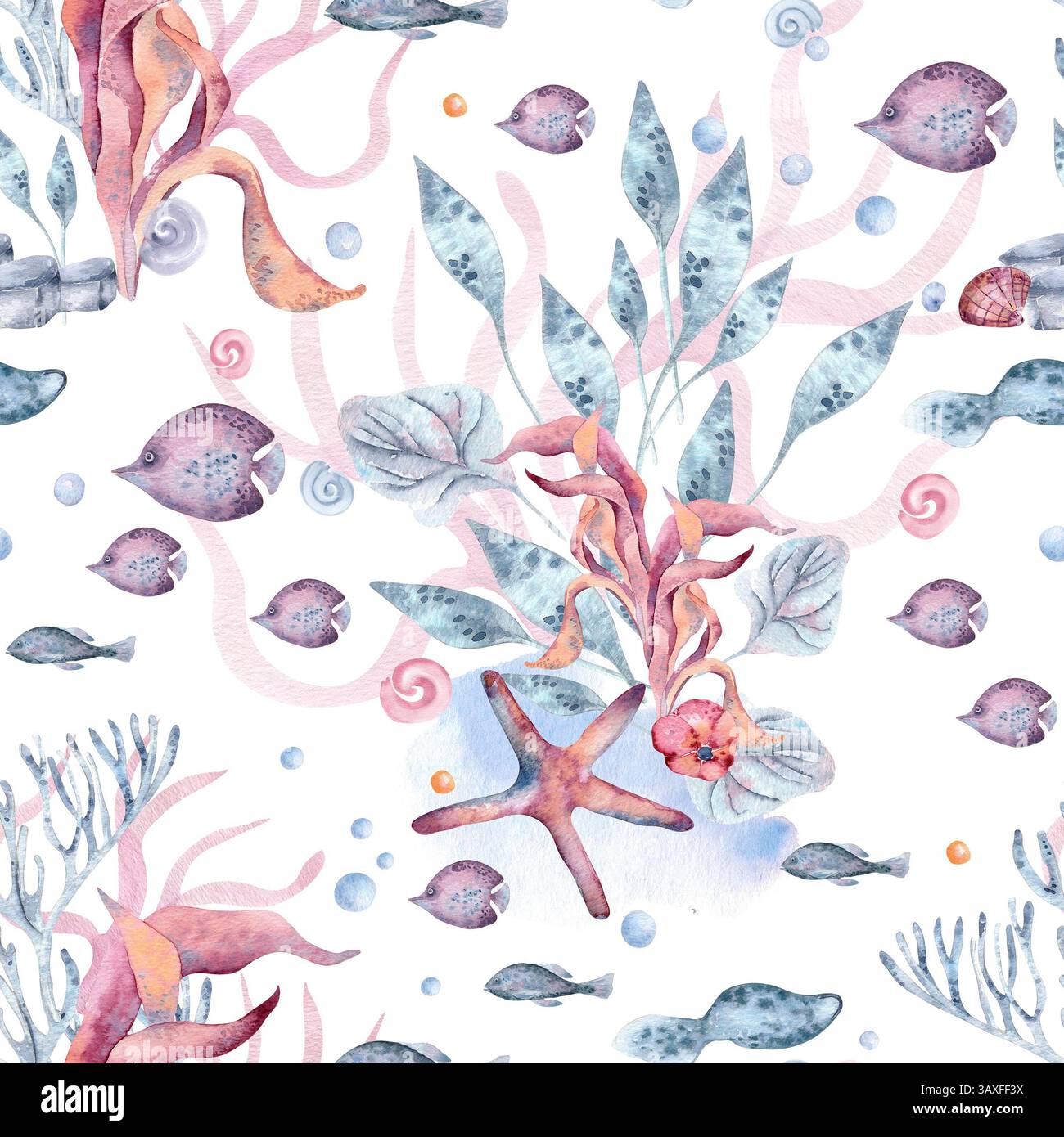 Sea life seamless pattern with corals, tropical fish, and starfish hand ...