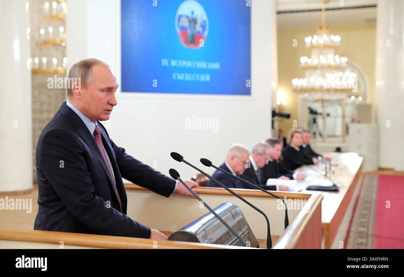 December 6, 2016 - Moscow, Russia - Russian President Vladimir Putin addresses the National Congress of Judges in the Column Hall of the House of the Unions December 6, 2016 in Moscow, Russia. (Credit Image: © Michael Klimentyev/Planet Pix via ZUMA Wire) Stock Photo