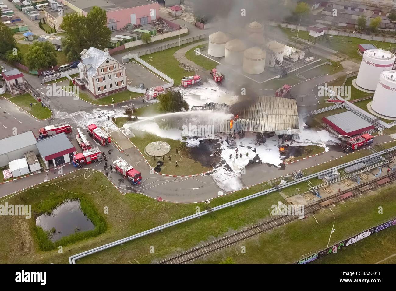 Fire at lukoil oilbal. The oil loading station burned down. Smoke and ...