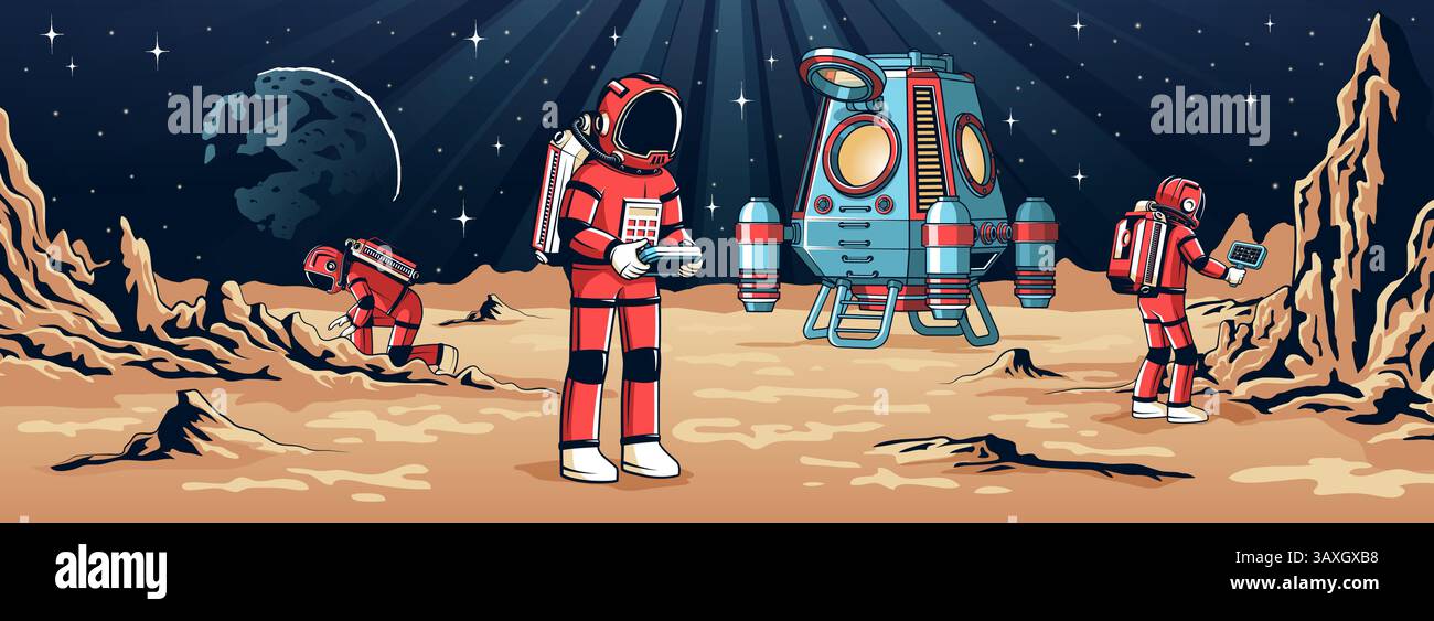 Group of astronauts exploring rocky alien terrain Stock Vector Image ...