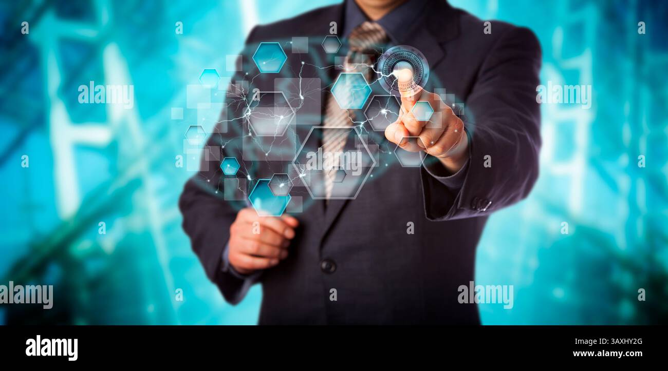 Blue chip businessman activating artificial neural network interface. Computer science concept for machine learning, pattern recognition, artificial i Stock Photo