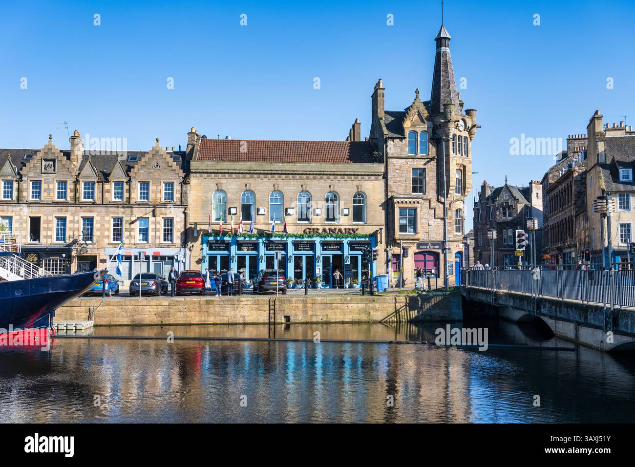 The Granary on The Shore and the Clock Café & Bistro on the corner of Bernard Street and The Shore in Leith, Edinburgh, Scotland, United Kingdom Stock Photo