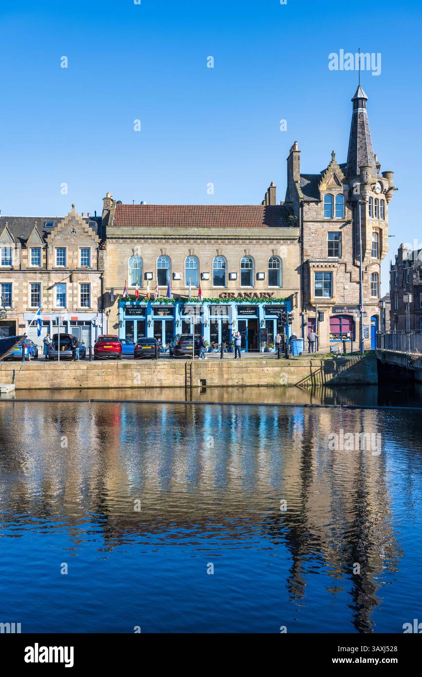The Granary on The Shore and the Clock Café & Bistro on the corner of Bernard Street and The Shore in Leith, Edinburgh, Scotland, United Kingdom Stock Photo