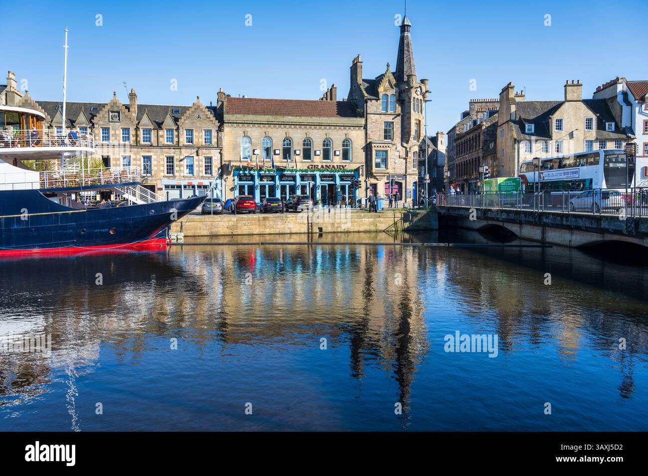 The Granary on The Shore and the Clock Café & Bistro on the corner of Bernard Street and The Shore in Leith, Edinburgh, Scotland, United Kingdom Stock Photo