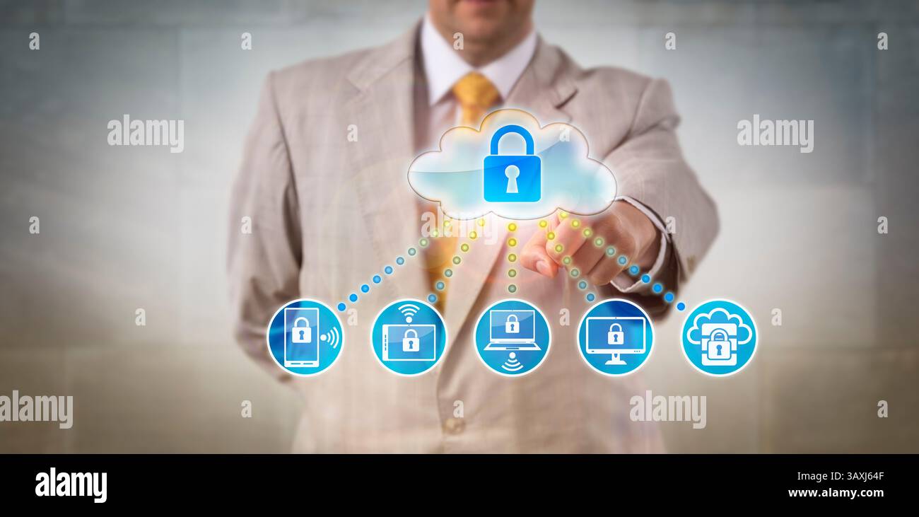 Unrecognizable manager accessing data on networked devices. Internet and enterprise concept for cloud data center, private computing solutions, infras Stock Photo