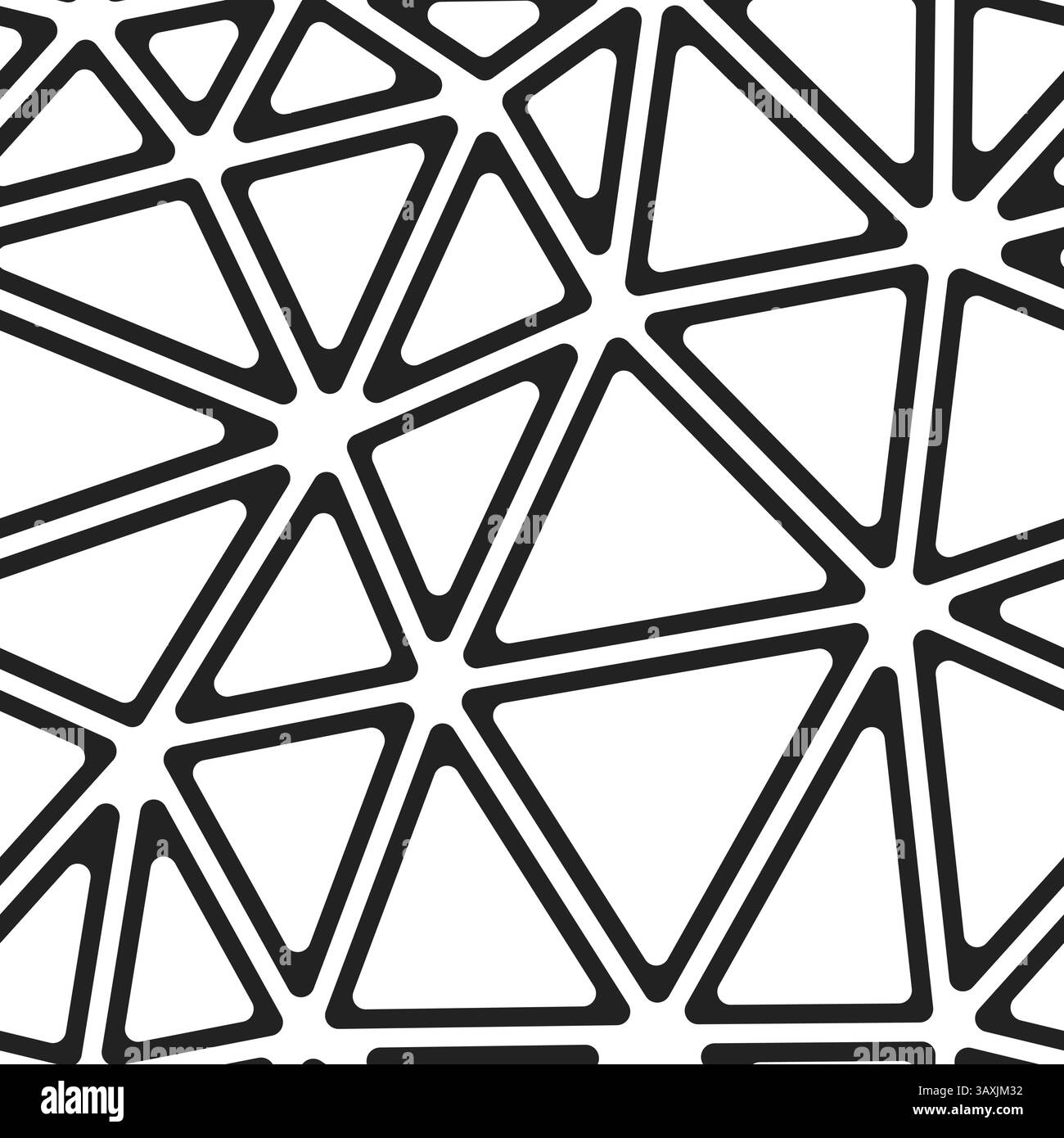 Triangulation geometric shapes background. Big triangles size. Black and white style. Rounded triangular cells outlined. Repeatable pattern. Stock Vector
